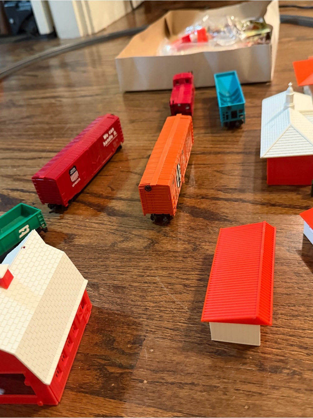 Toy Train Boxcars and Buildings Playset - Red & Orange